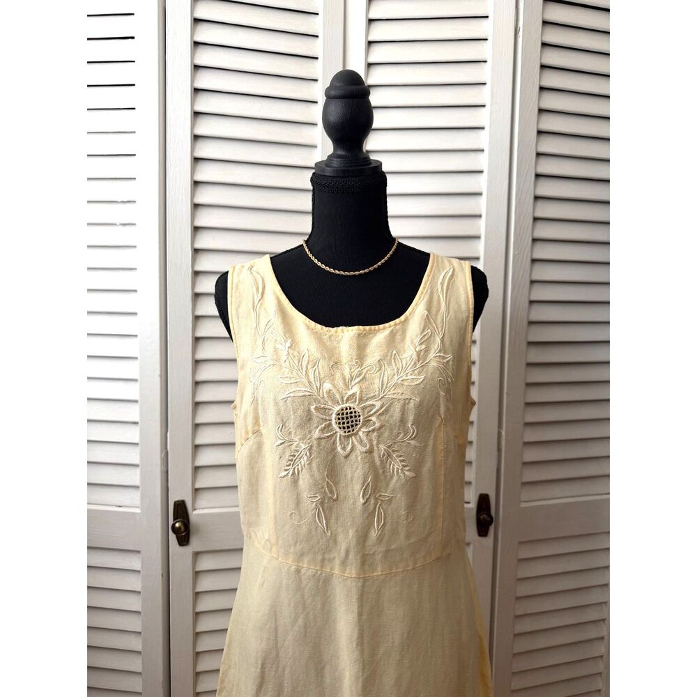 Vintage 90s Yellow Sleeveless A Line Jennifer Eden Dress Daisy Embroidery Sz10 - Picture 2 of 8